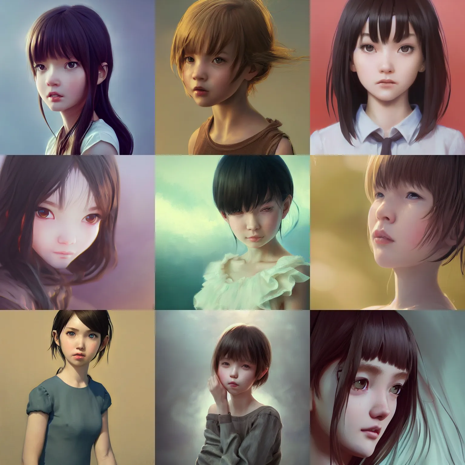 Prompt: realistic style at CGSociety by WLOP,ilya kuvshinov,krenz cushart,Greg Rutkowski,trending on artstation.Zbrush sculpt colored,Octane render in Maya,Houdini VFX.Realistic close-up face,cute young cute girl,expressing joy,wearing dress,silky hair, deep eyes.Oil painting.Cinematic dramatic atmosphere,sharp focus,soft volumetric studio lighting.