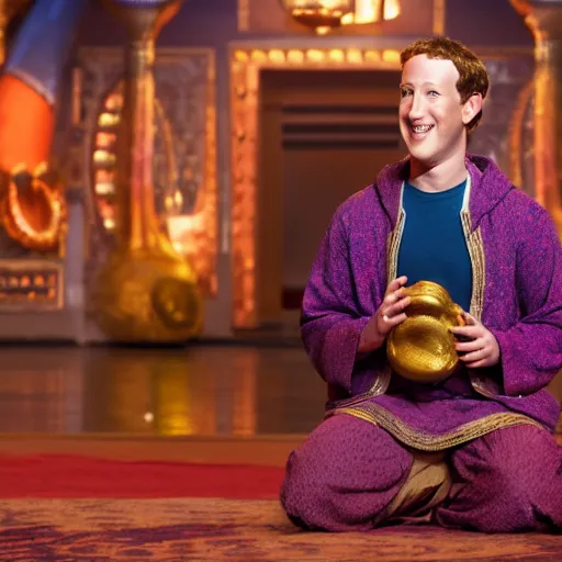 Image similar to Mark Zuckerberg in Aladdin, highly detailed, high quality, HD, 4k, 8k, Canon 300mm, professional photographer, 40mp, lifelike, top-rated, award winning, realistic, sharp, no blur, edited, corrected, trending