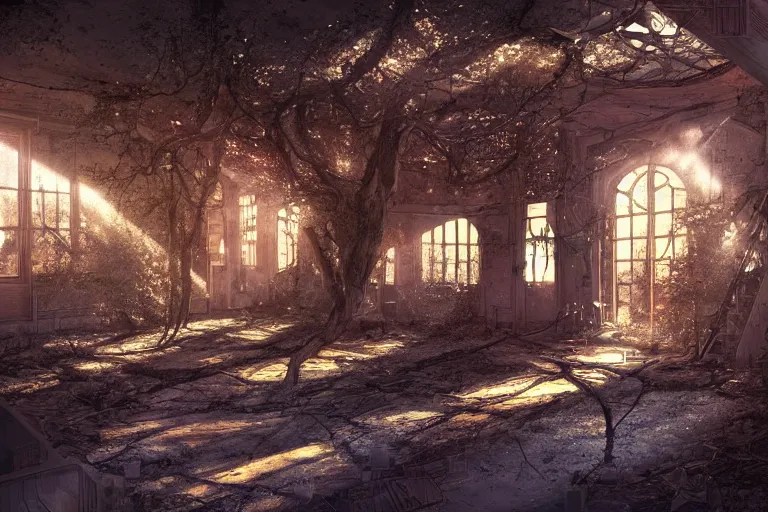 Prompt: the interior of an old abandoned sci - fi house an old oak tree grows inside the house golden rays of sunlight enter through the window old red neon lights digital art trending artstation