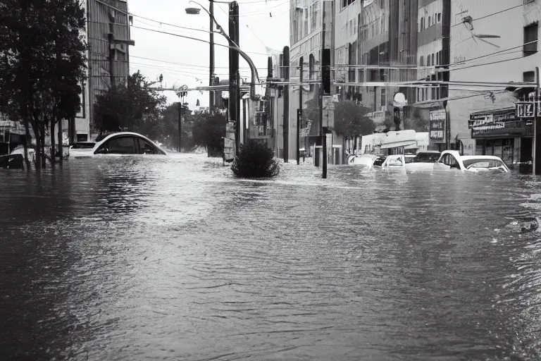 Prompt: city street flooding, filling up with water, black and white photograph