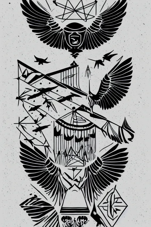 Image similar to a simple tattoo design of flying birds with lines and geometric shapes, black ink, logo, line art