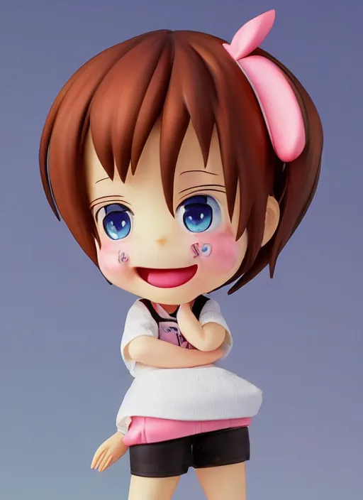 Prompt: a hyperrealistic oil painting of a looney kawaii vocaloid figurine caricature with a big dumb goofy grin, rosy cheeks with freckles, and pretty sparkling anime eyes featured on Wallace and Gromit by Makoto Shinkai