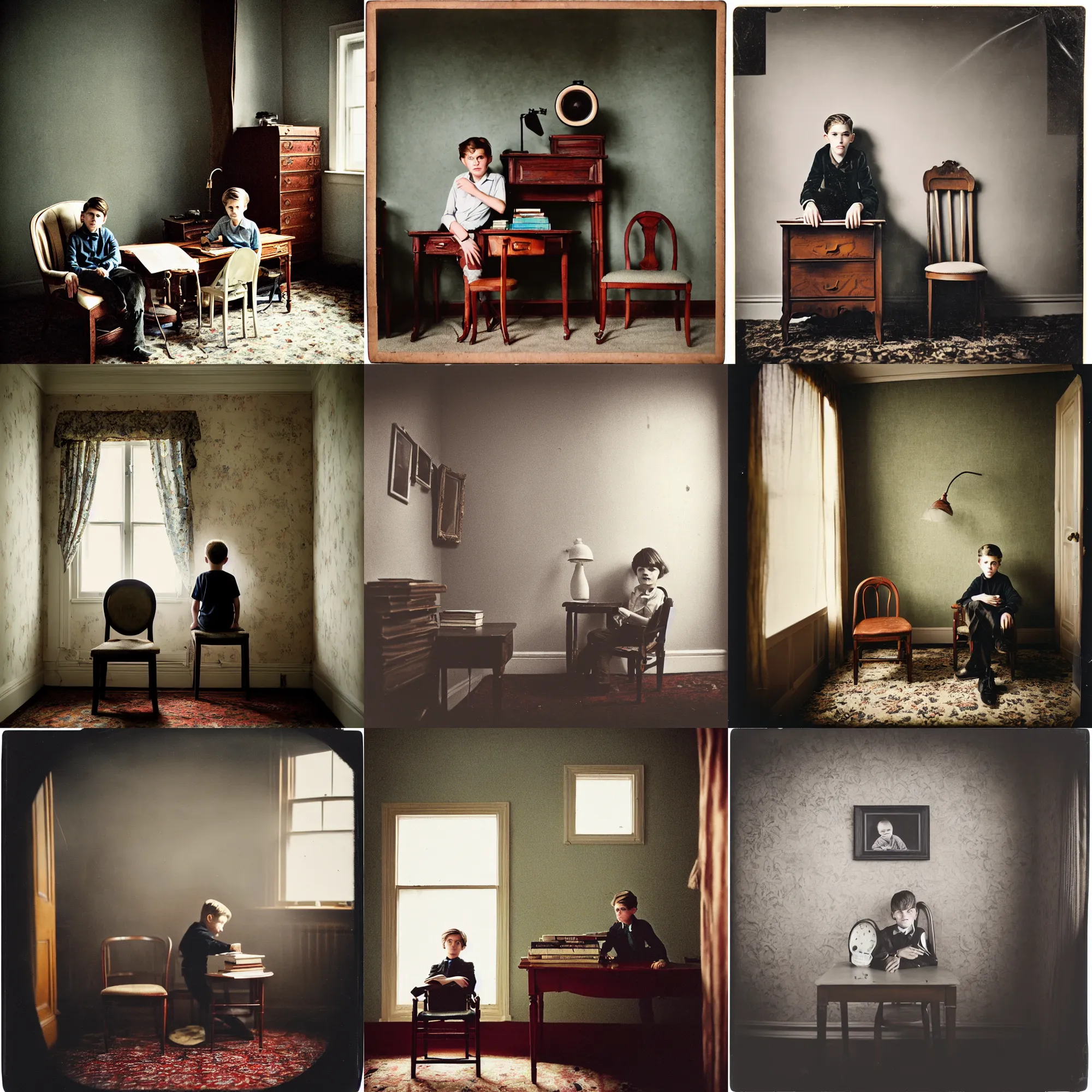 Prompt: kodak portra 4 0 0, wetplate, 8 mm extreme fisheye, award - winning portrait by britt marling, a handsome 8 yo boy sitting on a chair in a 1 9 2 0 s room, ghost, picture frames, shining lamps, dust, smoke, 1 9 2 0 s furniture, wallpaper, carpet, books, muted colours, wood, fog,