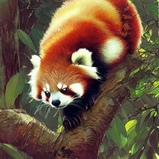 Prompt: cute red panda in a tree, digital art, hyperrealistic, greg rutkowski, alphonse mucha, beautiful