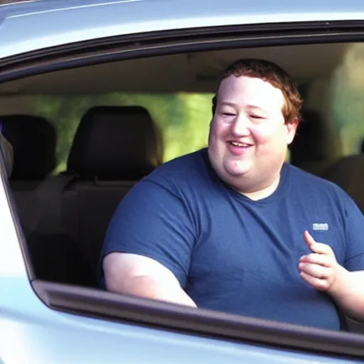 Image similar to fat mark zuckerberg sitting in a car eating tacos