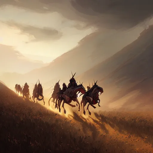 Image similar to winged hussars charging down a hill at ottoman soldiers 4 k, concept art, by wlop, ilya kuvshinov, artgerm, krenz cushart, greg rutkowski, pixiv. cinematic dramatic atmosphere, sharp focus, volumetric lighting, cinematic lighting, studio quality