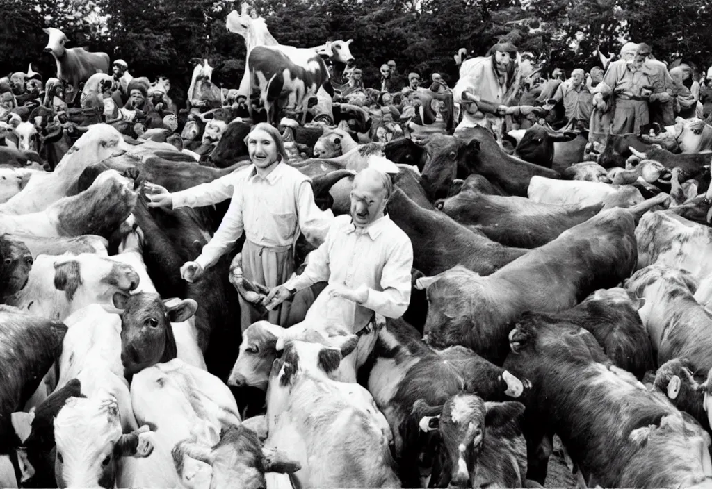 Image similar to jesus preaching to cows in nazi germany, dressed as a milkman