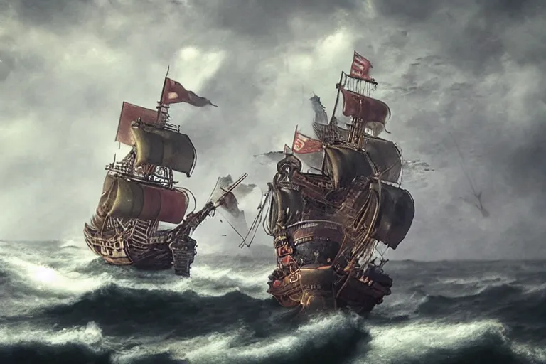 Image similar to epic pirate ship cannon battle in a storm, in the style of vernon grant and chris van allsburg, trending on artstation, bright tilt - shift camcorder effect, photoshop, retrowave, hyperrealism, octane, sharp focus, masterpiece