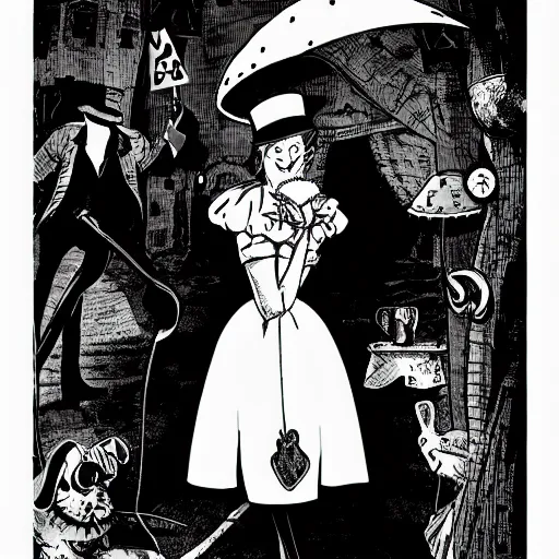 Image similar to alice in wonderland, noir