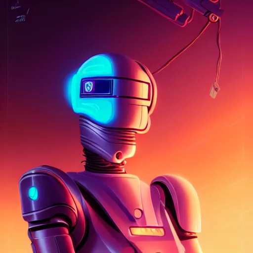 Image similar to highly detailed surreal neon robot android young christina hendricks, robocop, scream, stephen bliss, unreal engine, greg rutkowski, loish, rhads, beeple, makoto shinkai and lois van baarle, ilya kuvshinov, rossdraws, tom bagshaw, global illumination, detailed and intricate environment