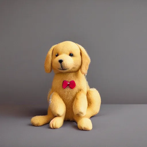 Prompt: a happy golden retriever puppyplush doll, 8 k. photorrealism. photography.