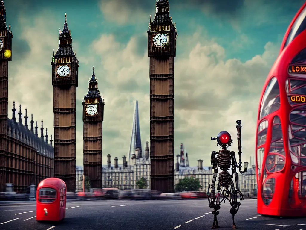 Image similar to a giant ancient beautiful cyborg of the elder gods with pipes and tubes in the city of London, an image of a beautiful cyborg, a beautiful cyborg, a cyborg, London streets with one bigben in the background, colourful, dramatic lighting, spring time, very detailed octane render very realistic beautiful