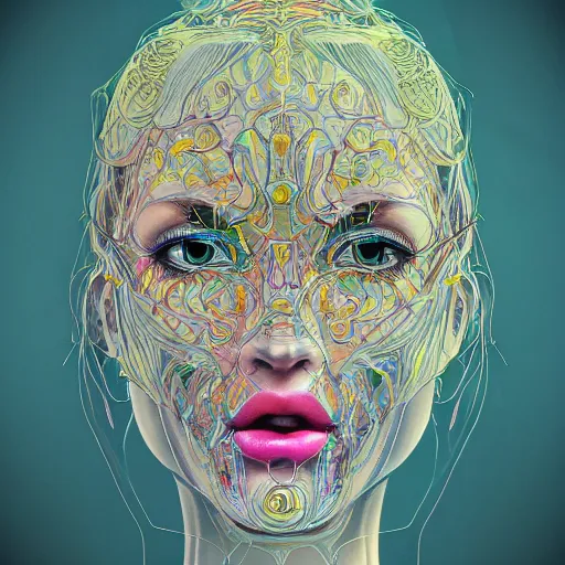 Image similar to the face of a ridiculously beautiful and pretty woman partially made of onion rings of all colors looking up, an ultrafine detailed illustration by james jean, final fantasy, intricate linework, bright colors, behance contest winner, vanitas, angular, altermodern, unreal engine 5 highly rendered, global illumination, radiant light, detailed and intricate environment