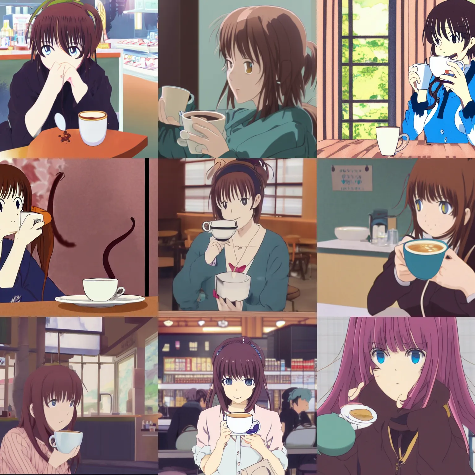 Prompt: Woman drinking coffee by Kyoto Animation
