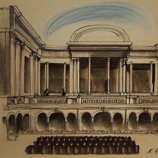 Image similar to a sketch of an opera scenography of and old museum by frazzeta.