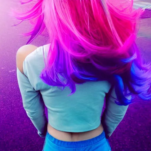 Image similar to a award winning half body shot of a beautiful woman in a croptop with a ombre purple pink teal hairstyle with head in motion and hair flying, outrun, vaporware, vivid colors, highly detailed, fine detail, intricate