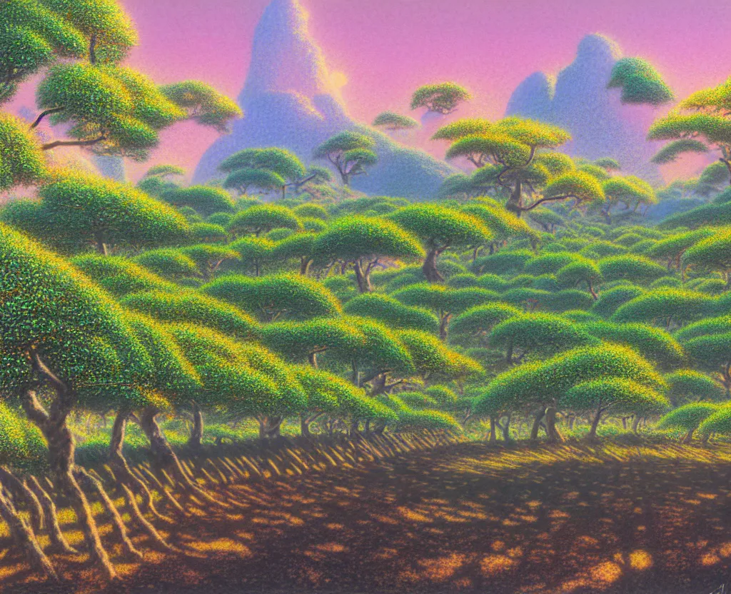 Image similar to a landscape pastel in the style of noriyoshi ohrai and mark tedin of an orchard where all the trees are made of chrome metal. key art. 4 k retrofuturistic fantasy