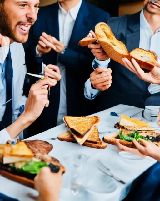 Image similar to a group of well dressed gentleman eating blue toothpaste toasts in a fancy restaurant,