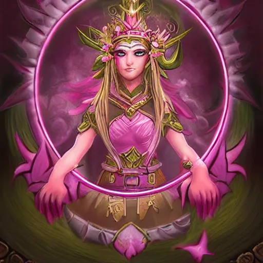 Image similar to pink lotus flower warrior queen wearing pink floral lotus crown, hearthstone art style, epic fantasy style art, fantasy epic digital art, epic fantasy card game art