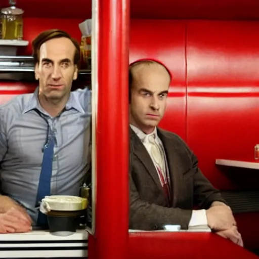 Image similar to saul goodman at a 5 0 s diner with red booths, still from breaking bad