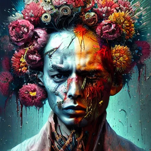 Prompt: art portrait of a man with flowers exploding out of head, decaying ,8k,by tristan eaton,Stanley Artgermm,Tom Bagshaw,Greg Rutkowski,Carne Griffiths, Ayami Kojima, Beksinski, Giger,trending on DeviantArt,face enhance,hyper detailed,cityscape background,cybernetic, android, blade runner,full of colour,