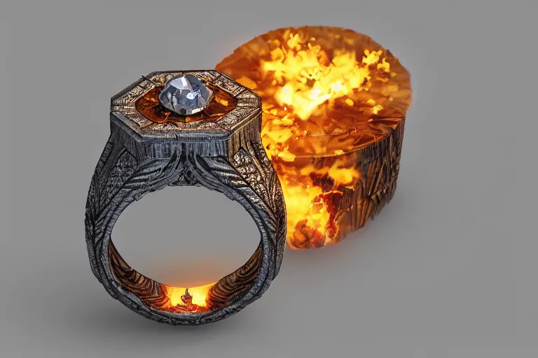 Prompt: magic ring with a diamond, fire, flame, engraving, d & d, close - up, shimmer, artbook, page, detailed, trending on artstation, cgsociety, ralph mcquarrie and greg rutkowski