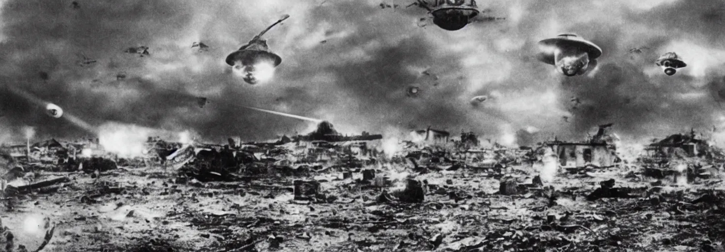 Prompt: Invasion of an alien life form in Germany, black and white photography, World War II, destruction, ufo, flying saucers, laser weapons, outerspace, technology