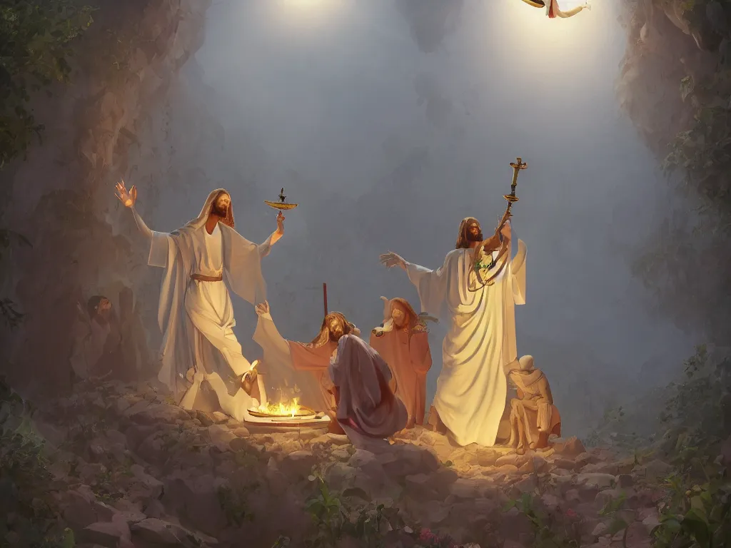 Prompt: the agony in the garden, Jesus on the left, a serpent nearby, and an angel holding a chalice, by goro fujita, trending on artstation, 8k, highly detailed, digital graphic art