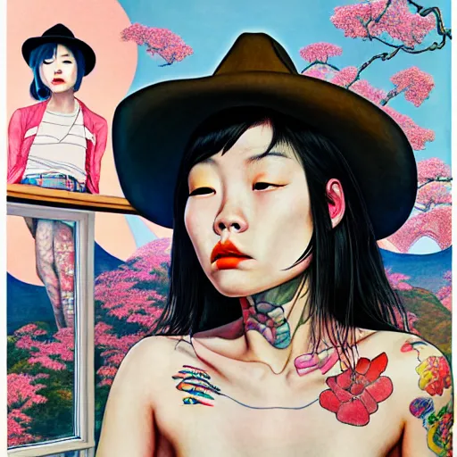 Prompt: full view, from a distance, of taiwanese girl with tattoos, wearing a cowboy hat, standing at the window, style of yoshii chie and hikari shimoda and martine johanna and edward hopper, highly detailed