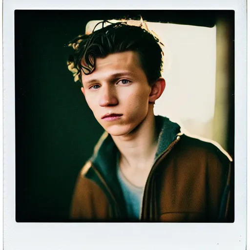 Image similar to grainy color polaroid of Tom Holland, dreamlike, intricate detail, sigma 85mm f/1.4, 4k