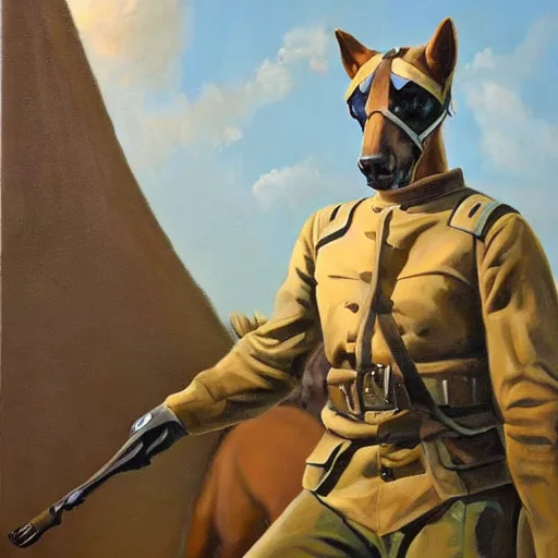 Prompt: american realist painting of dog - faced bipedal pony creature that is a soldier, stark lighting, dramatic