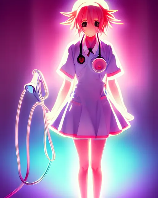 Image similar to anime style, vivid, expressive, full body, 4 k, painting, a cute magical girl with a long wavy hair wearing a nurse outfit, correct proportions, stunning, realistic light and shadow effects, neon lights, centered, simple background, studio ghibly makoto shinkai yuji yamaguchi