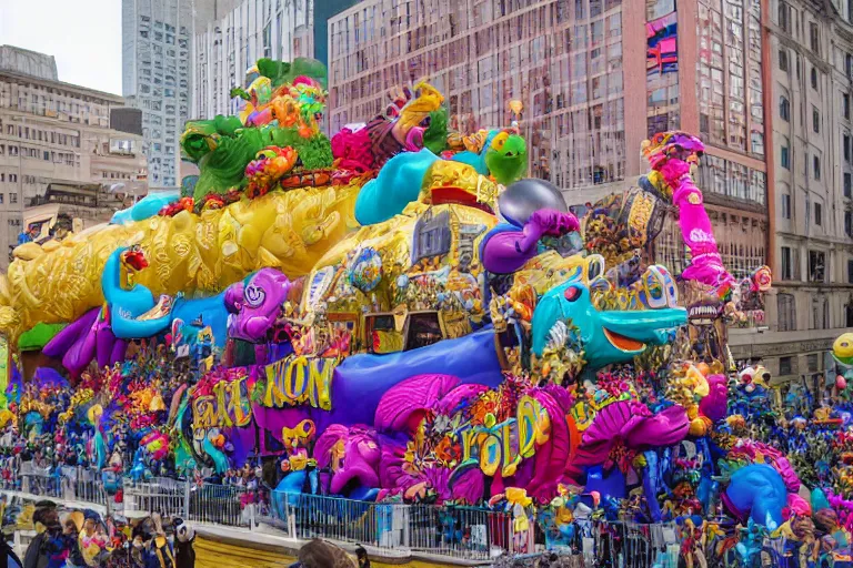 Image similar to photo of giant elaborate parade float designed by geoff darrow!!!! and ( ( ( ( ( ( lisa frank ) ) ) ) ) ), in the macys parade, detailed 4 k photo