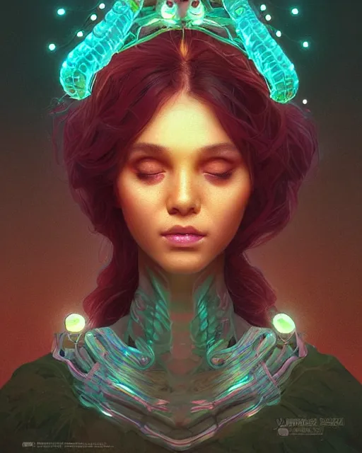 Image similar to one singular portrait of a cute bioluminescent caterpillar, highly detailed, digital painting, cinematic, hyper realism, dark retrowave, art by Stanley Lau and Artgerm and magali villeneuve and Alphonse Mucha, artstation, octane render, cgsociety