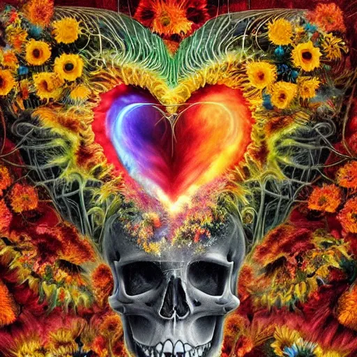 Image similar to a beautiful stunning interesting detailed matte digital painting by Larisa Novik of an anatomically correct heart bursting out of an anatomically correct skeletal rib-cage and exploding into rainbows and sunflowers, epic mind-blowing gorgeous grunge, trending on artstation hq