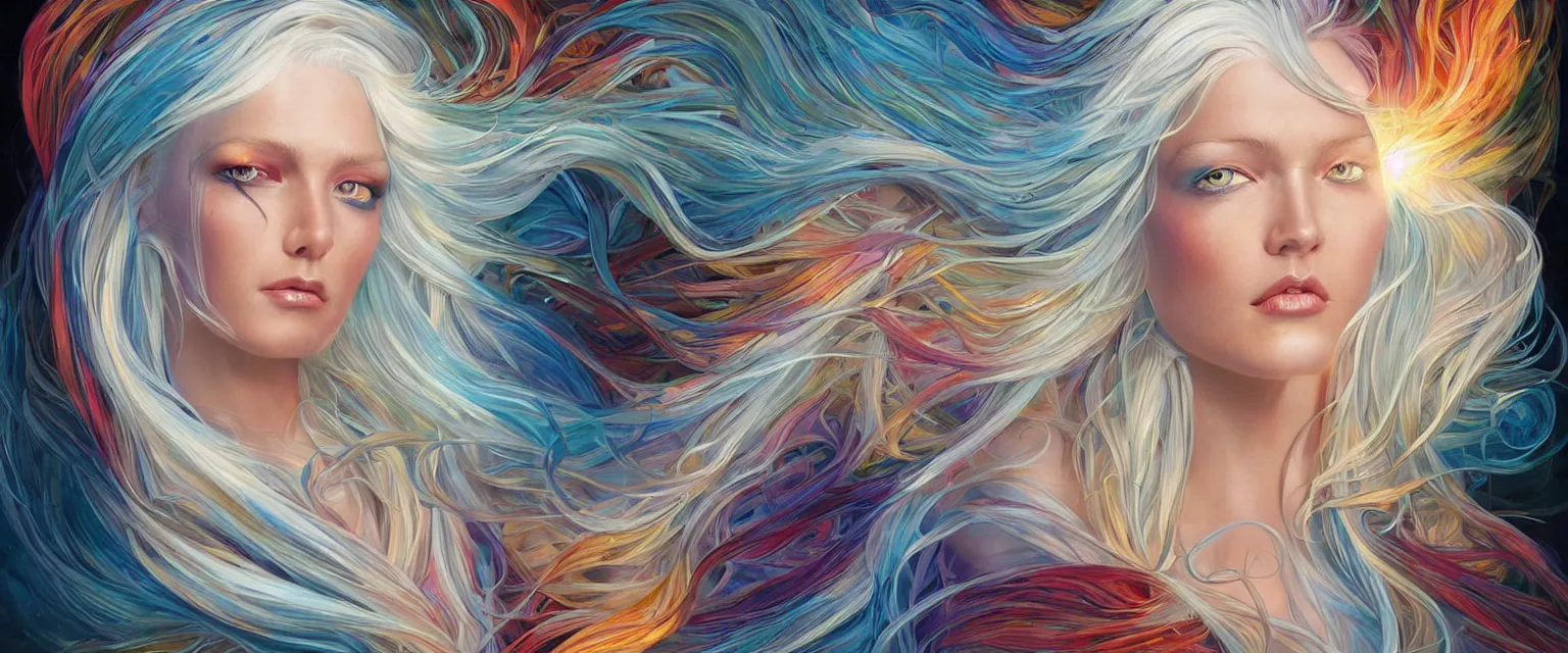 Image similar to a highly detailed symmetrical full body painting of a rainbow colored skinned beautiful woman with pure white hair flowing in dynamic lighting, ambient lighting, deviantart, art by artgerm and karol bak and mark brooks h