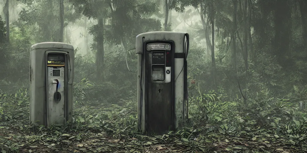 Image similar to old abandoned gas pump somewhere in the rainforest. nature is taking over. matte painting in the style of craig mullins. mist. cinematic. octane render.