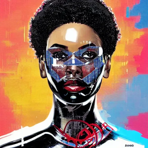 Prompt: portrait of a black female android, by MARVEL comics and Sandra Chevrier