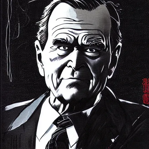 Image similar to George H.W. Bush looking sinister, by Tsutomu Nihei, highly detailed