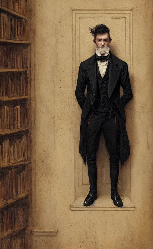 Image similar to portrait of a middle aged victorian gentleman wearing a dark suit, standing beside a bookcase, detailed face, 1 9 th century, highly detailed, cinematic lighting, digital art painting by greg rutkowski