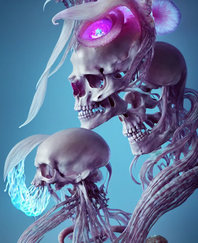 Image similar to goddess close - up portrait human skeleton, ram skull, squid phoenix jellyfish, orchid, betta fish, bioluminiscent, intricate artwork by tooth wu and wlop and beeple. octane render, trending on artstation, greg rutkowski very coherent symmetrical artwork. cinematic, hyper realism, high detail, octane render, 8 k