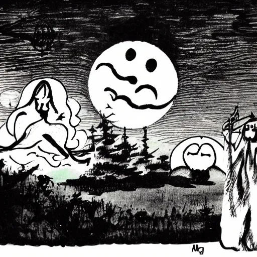 Image similar to ghosts, spirits on bayou, heavy ink, moon in sky, green, mike mignola