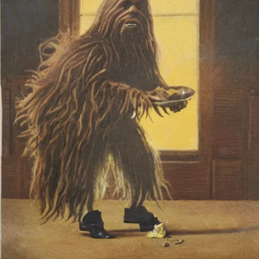 Prompt: dutch chewbacca wearing clogs and eating cheese