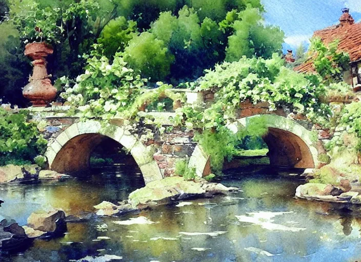 Image similar to watercolor of rustic stone bridge with mural, ivy, summer daylight, bright clear day, clouds, high detailed art by dennis miller bunker, work by anders zorn, wonderful masterpiece by greg rutkowski, beautiful cinematic light, american romanticism by greg manchess, creation by tyler edlin