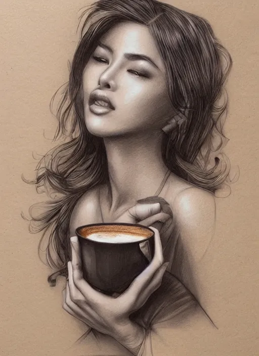 Prompt: A cup of coffee, by artgerm, mixed media on toned paper, 2021, very detailed, coffee art