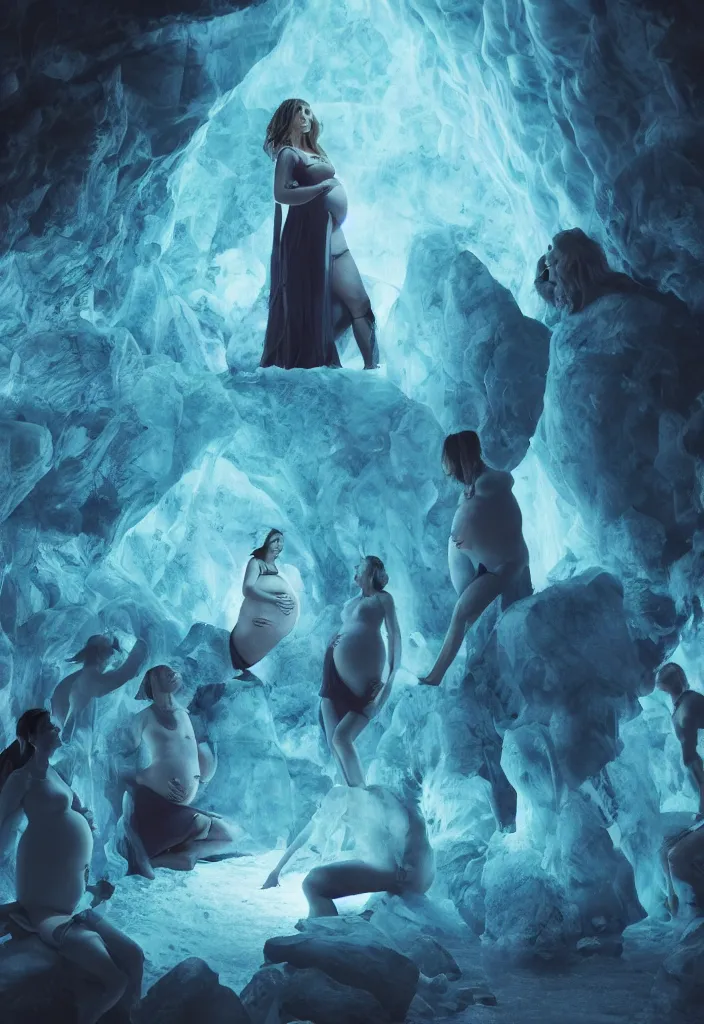 Image similar to epic leader pregnant woman talking to all her tribe with fluorescence bodies, proud people looking at the pregnant woman, ice cave, facinating, fantasy digital art, octane render, beautiful composition, trending on artstation, coherent, masterpiece, photorealistic