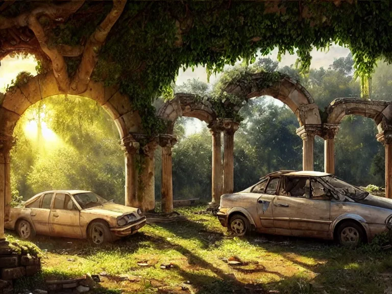 Prompt: a tree growing on a scrap car in ancient greek ruins, many overgrown scrap cars, overgrown pillars and arches, vines, flowers, hyperrealistic, highly detailed, cinematic, ray of golden sunlight, beautiful, cgsociety, artstation, 8 k, oil painting by greg rutkowski, by artgerm, by wlop