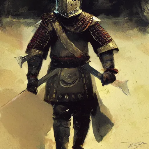 Prompt: portrait of man wearing gambeson and sallet helmet, holding sword, fighting, aggressive, detailed by greg manchess, craig mullins, bernie fuchs, walter everett