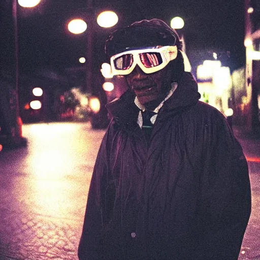 Prompt: old black man in tokyo at night, wearing ski goggles, cinestill 8 0 0,