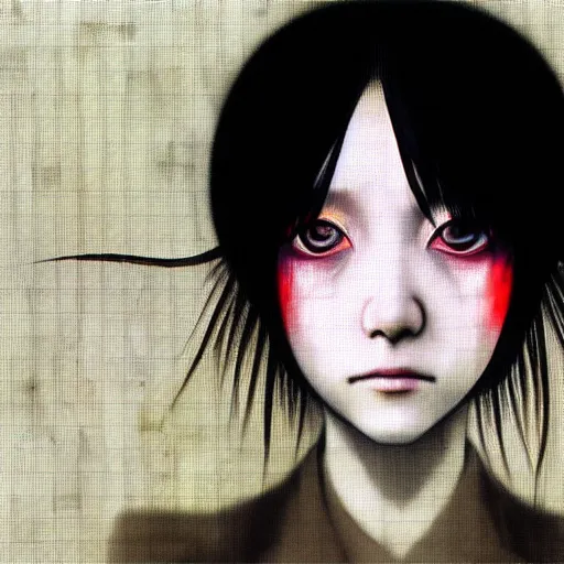 Image similar to yoshitaka amano blurred and dreamy three quarter angle oil portrait of a young woman with white hair and black eyes wearing dress suit with tie, playstation 2 horror game, junji ito abstract patterns in the background, satoshi kon anime, chungking express color palette, noisy film grain effect, highly detailed, renaissance oil painting, weird portrait angle, blurred lost edges